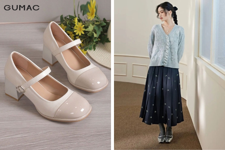 Kết hợp váy dài xếp ly với giày kiểu Mary Jane